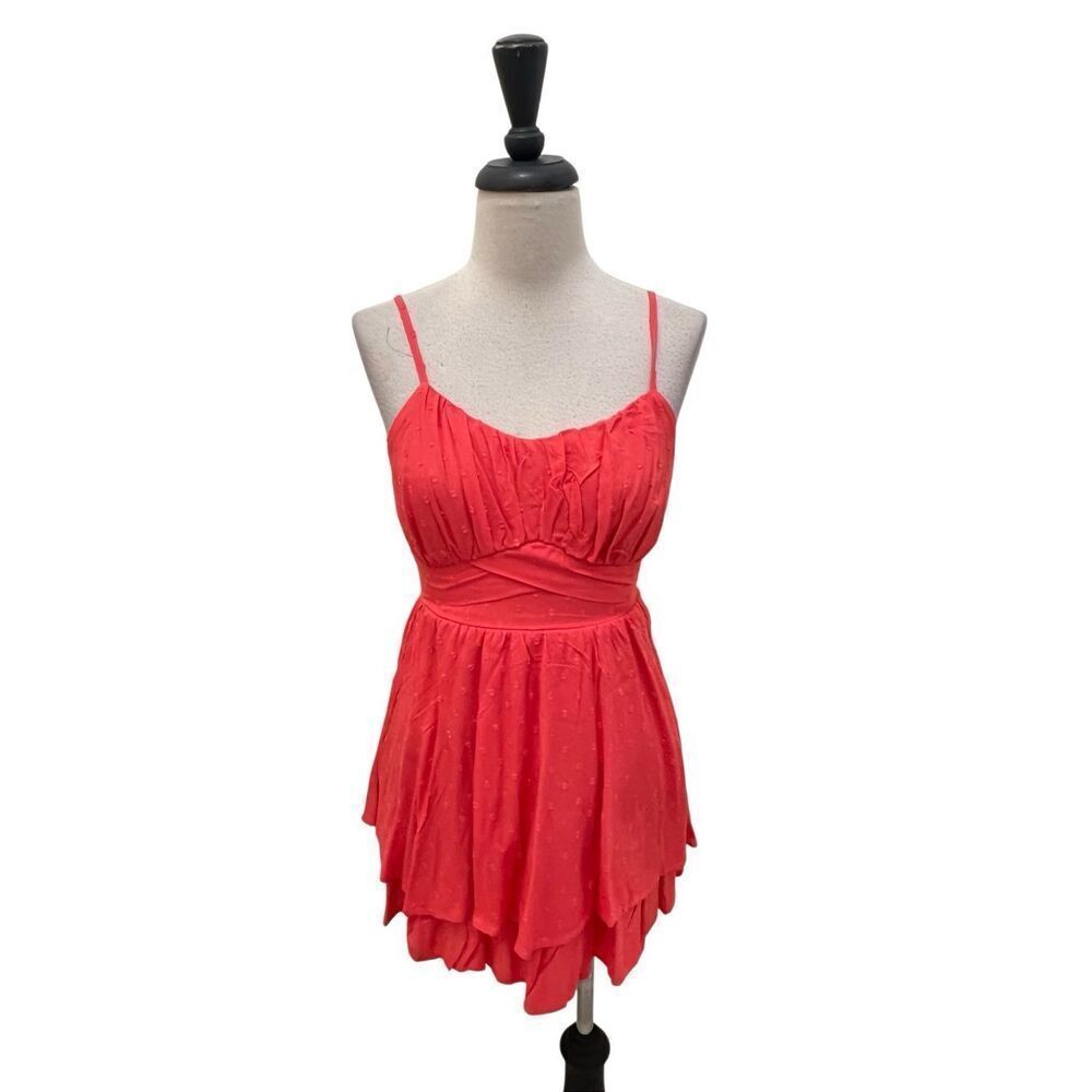 Japna Womens Smocked Back Ruched Tiered Mini Dress Coral Red Small NWT